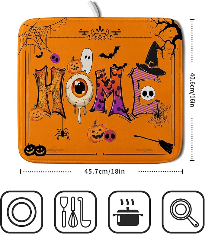 Funny Festival Dish Drying Mats for Kitchen Counter Orange Halloween Home Decoration Coffee Mat