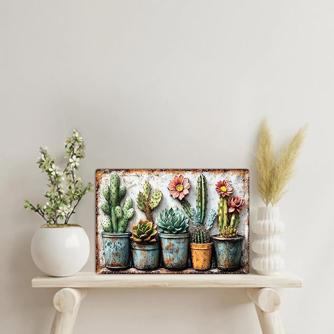 Gardening Gifts Vintage Garden Mental Tin Signs Cactus Plant Flower Printing for Home Yard Greenhouse Outdoor Decoration (8x12 Inch)