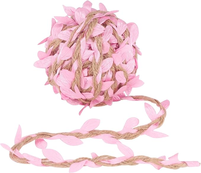 Soleebee 33 Feet 11 Yards Natural Hemp Jute Twine Burlap Leaf Trim Ribbon, Perfect Decorated Vine for DIY Craft Party Wedding Home Garden Decoration (Pink)