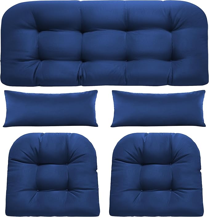 Wicker Chair Cushions of 5 Pieces, Waterproof Outdoor Loveseat Cushion for Wicker Furniture, 1 Love Seat Cushion, 2 U-Shape and 2 Lumbar Pillows for Patio Furniture (Blue)