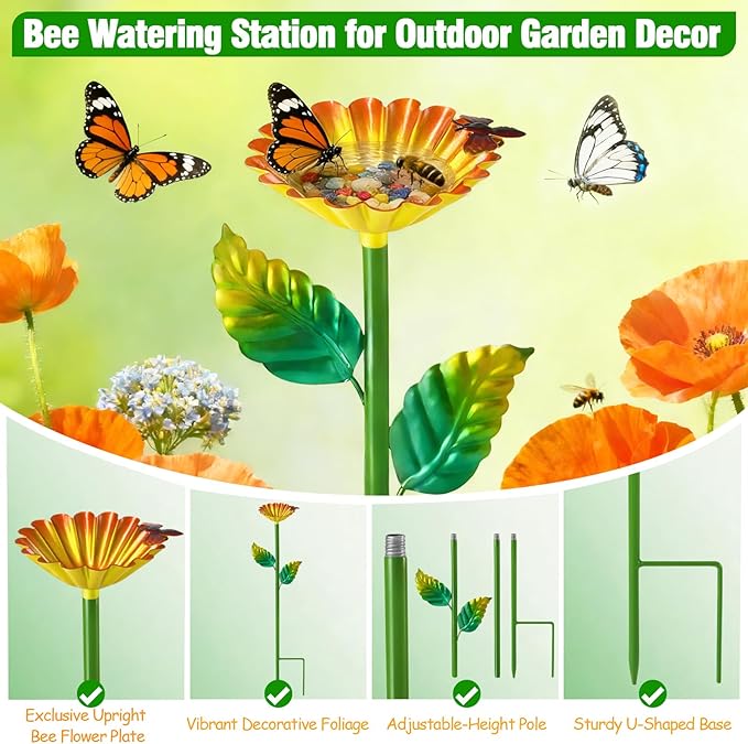 Bee Watering Station, Metal Bee Water Station with Flower Design Colorful Butterfly Bath Bowl Drinking Feeder Cups for Outdoor Garden Yard Decor (Yellow)