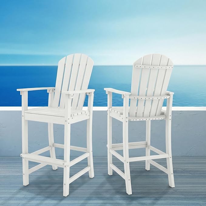 Giantex Set of 2 HDPE Outdoor Bar Stools, All Weather Tall Adirondack Chair with Armrest, Footrest, Load 360Lbs, Counter Height Bar Stool for Patio, Garden, Yard, Indoor Or Outdoor Use, White