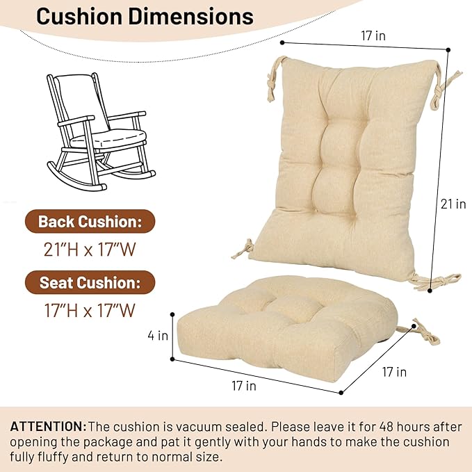Lokex Rocking Chair Cushion 4 Inch Extra Thick, Cushions for Rocking Chairs Set of Seat and Back with Ties, Linen Fabric Indoor Outdoor Rocker, 17x21 & 17x17 Inches (Beige)