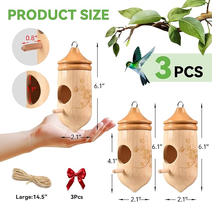 Hummingbird House, Solid Wood Hummingbird Houses for Outside-Exquisitely Handcrafted Birdhouse with Ribbon and String Hanging Kit, Durable Garden Decor, Perfect Gardening Gift (Style-D, 3 Pack)