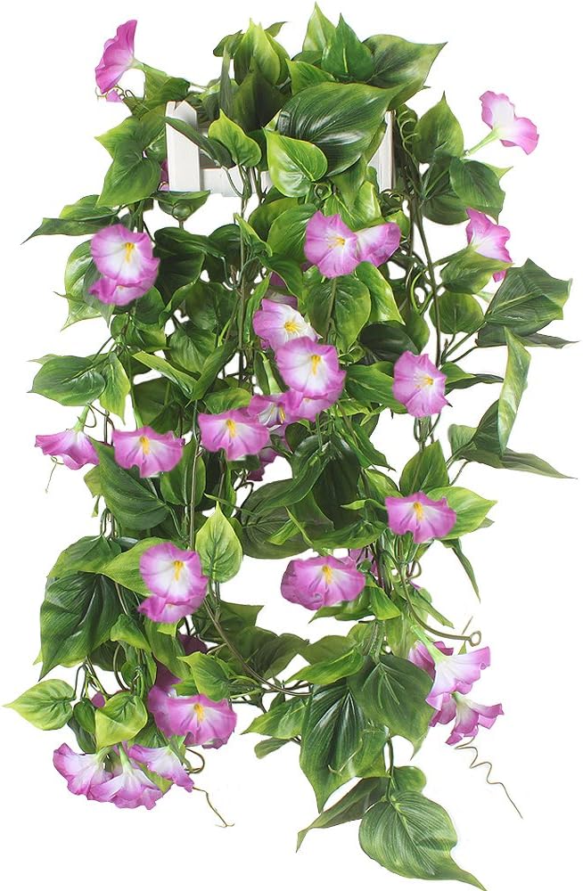 GTIDEA 2Pcs Artificial Vines,15Feet Morning Glory Hanging Plants Silk Garland Fake Green Plant Home Garden Wall Fence Stairway Outdoor Wedding Hanging Baskets Decor Purple