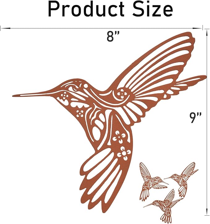 QZGXDECO 9.5-Inch Rust Metal Hummingbird Outdoor Wall Art Decor – Rustic Garden-Style Indoor/Outdoor Decorative Iron Bird Wall Sculpture for Fence Patio Yard