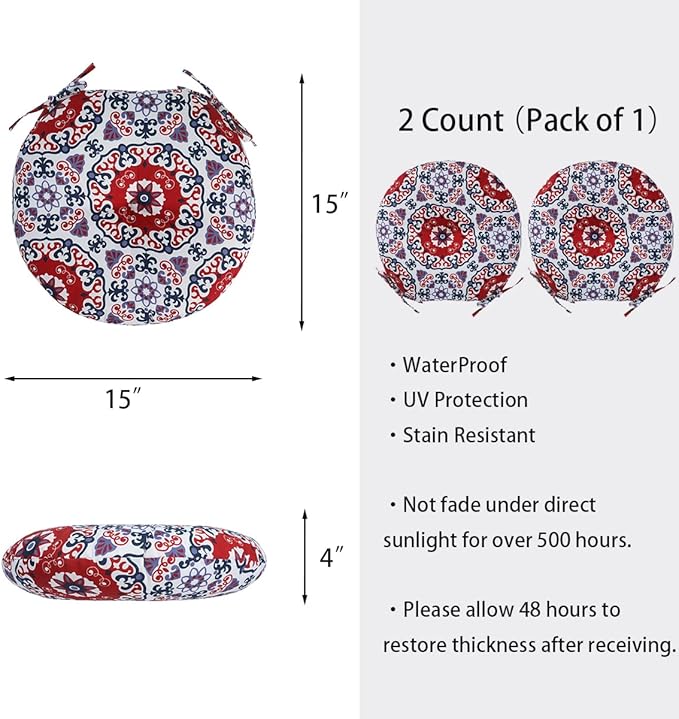 Bistro Chair Cushions 15 inch,Set of 2,Tufted Round Chair Cushions with Ties,15"x15"x4",Water Resistant Round Seat Cushion for Barstool Chairs,Patio Garden Kitchen Outdoor Furniture(Red Medal)