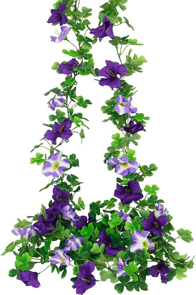 2 Pcs Artificial Flowers Vines Outdoors Silk Petunias Garland Spring Flowers Garland for Mantle 11 FT Fake Morning Glory Hanging Vines Plants for Mailbox Fence Wedding Banquet Decor Purple