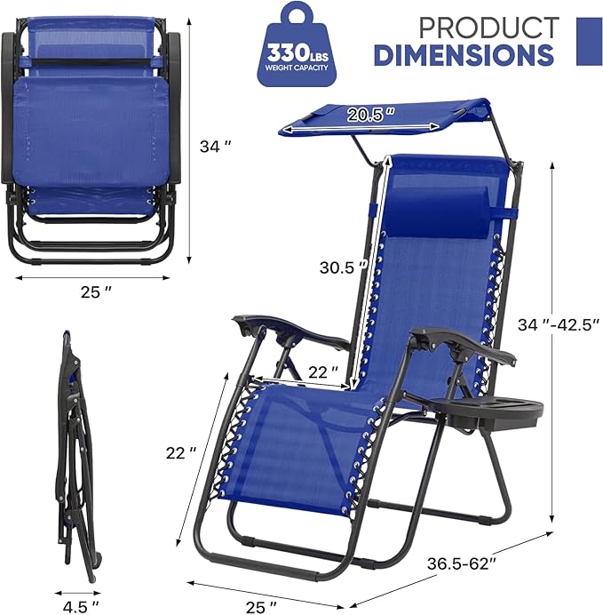 Magshion Zero Gravity Lounge Chair with Canopy, Outdoor Foldable Patio Reclining Chair with Side Tray, Adjustable Anti-Gravity Recliner with Pillow Headrest, Lounger for Lawn Camping Beach (Blue)