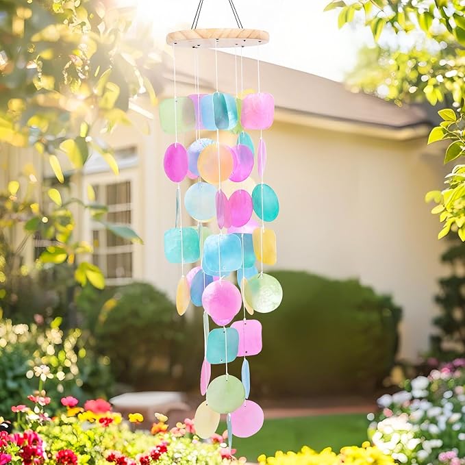 MUMTOP Shell Wind Chimes for Outside Clearance, Tropical Colorful Capiz Shell Wind Chime for Patio,Indoor,Outdoor,Garden,Yard,Coastal,Beach Decor or Gifts for Women,Girl