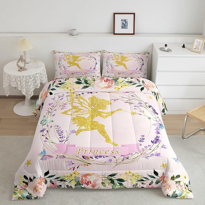 Erosebridal Fairy Garden Full Comforter Set,Dreamy Butterfly Floral Bedding Sets for Girls Kids,Pink Coquette Flower Quilt Bed Set,Cute Girly Princess Bedroom Decor,2 Pillowcases Breathable
