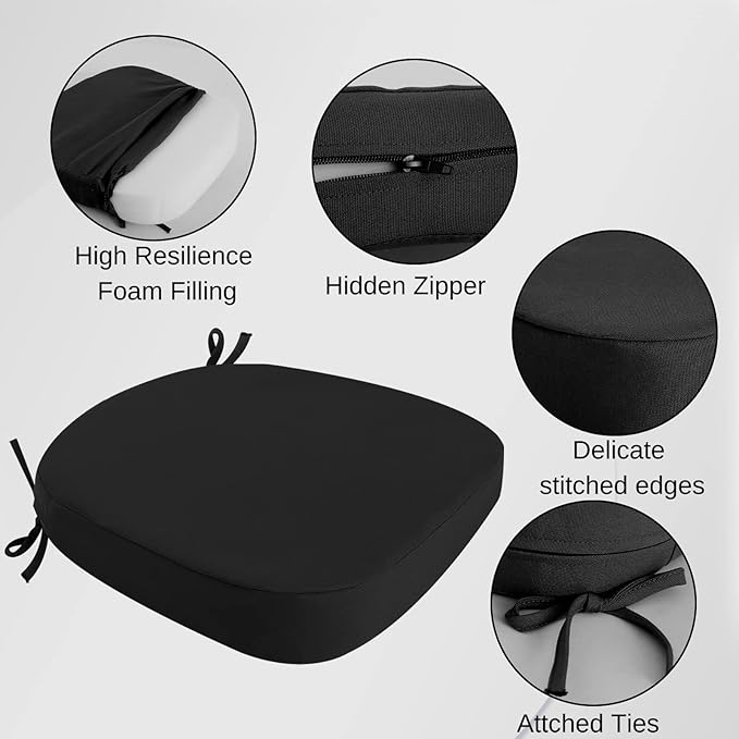 idee-home Outdoor Chair Cushions Set of 2, 17" x 17" x 2" Thick D-Shaped Patio Furniture Outdoor Seat Cushions Waterproof with Ties, Dining Pads