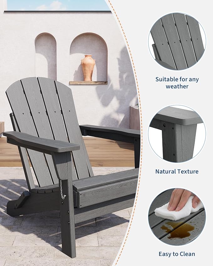 GarveeLife Folding Adirondack Chairs, HDPE Outdoor Patio Chairs All Weather Resistant with Wood Texture for Fire Pit, Deck, Patio, Pool, Backyard - Gray