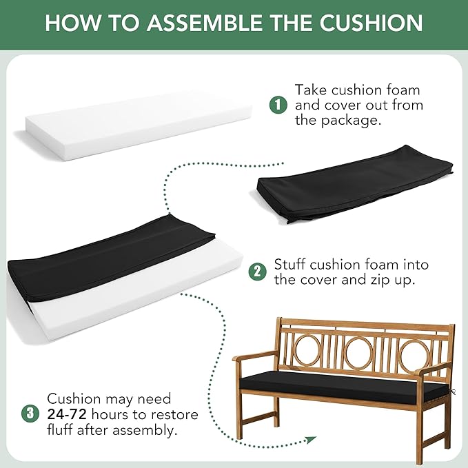 Outdoor Bench Cushion: Waterproof and Fade Resistant Patio Furniture Cushions - Non-Slip Bench Pad Cushion with Removable Cover for Garden Swing Porch Sofa Settee, 59 x 18 Inch, Black
