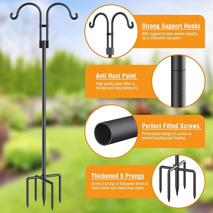 Relx Bird Feeder Pole - Adjustable Double Shepherds Hooks for Bird Feeder with 5 Prong Base - 76 Inch Heavy Duty Shepherds Hooks for Outdoor for Outside for Hanging Garden Plant,Solar Light Lanterns