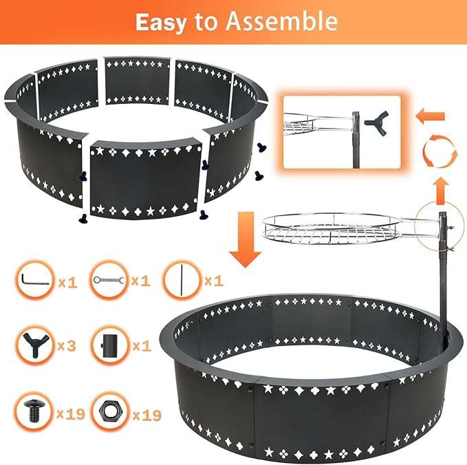 Fire Pit Ring with Grill 36" Fire Ring for Outside Fire Pit,Large DIY Fire Rings for Outside Wood Burning Smokeless Firepit Insert Liner Above/In-Ground Camping Firepit Ring for Outdoor Picnic BBQ