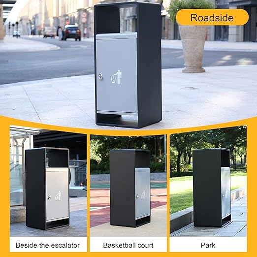 Commercial Outdoor Trash Can with Lid,Rust-Resistant Waterproof Windproof Garbage Can with Removable Inner Barrel, Lockable Stainless Steel Trash Bin for Patio Hotel Park Garden(Gray)