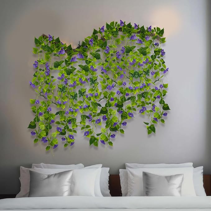 CISDUEO 2 Pcs Artificial Vines Silk Morning Glory Vines for Outdoor 15Feet Purple Hanging Plants Garland Fake Green Plant Morning Glories for Home Decor Wall Fence Stairway Wedding Hanging Baskets