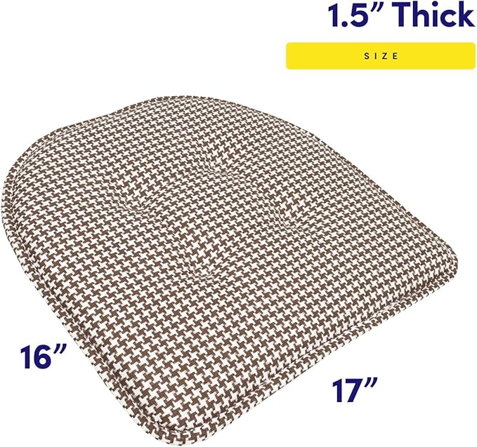 Sweet Home Collection Chair Cushion Memory Foam Pads Tufted Slip Non Skid Rubber Back U-Shaped 17" x 16" Seat Cover, 6 Pack, Houndsooth Brown