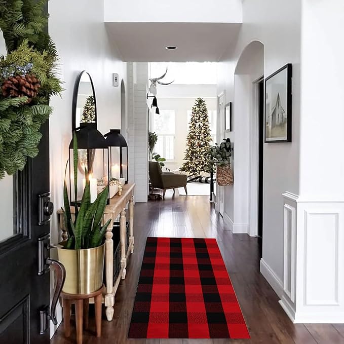 Christmas Door Mat Outdoor 24"x51"Buffalo Plaid Christmas Decor Rug Cotton Hand-Woven Layered Door Mats Washable Carpet for Front Porch, Kitchen, Farmhouse, Entryway