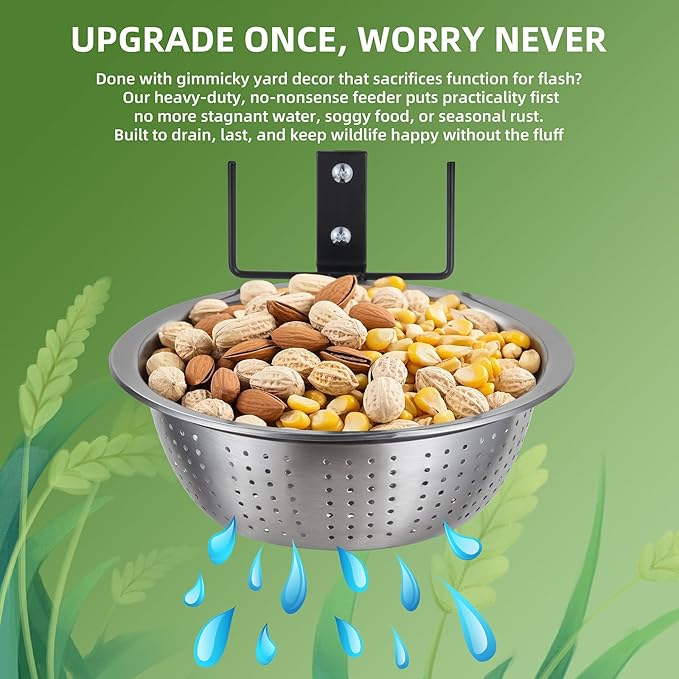 2 Pack Squirrel Feeders Tree/Fence Mounted, 8.5" Removable Colander Bowls (1.4L Each), 2 Corn Cob Spikes for Various Food, Perfect Metal Squirrel Feeders for Outside, Easy to Clean/Refill