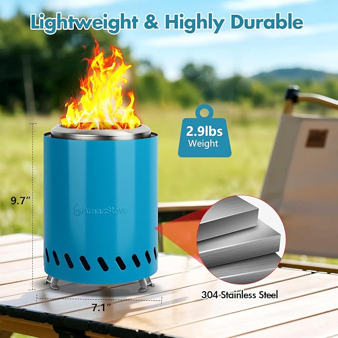 9.7 x 7.1 Inch Tabletop Fire Pit by AmazStove, Low Smoke Camping Stove for Outdoor Safe Burning Firepits, Fueled Pellets or Wood, Travel Bag Included (Blue, 9.7 x 7.1 INCH)