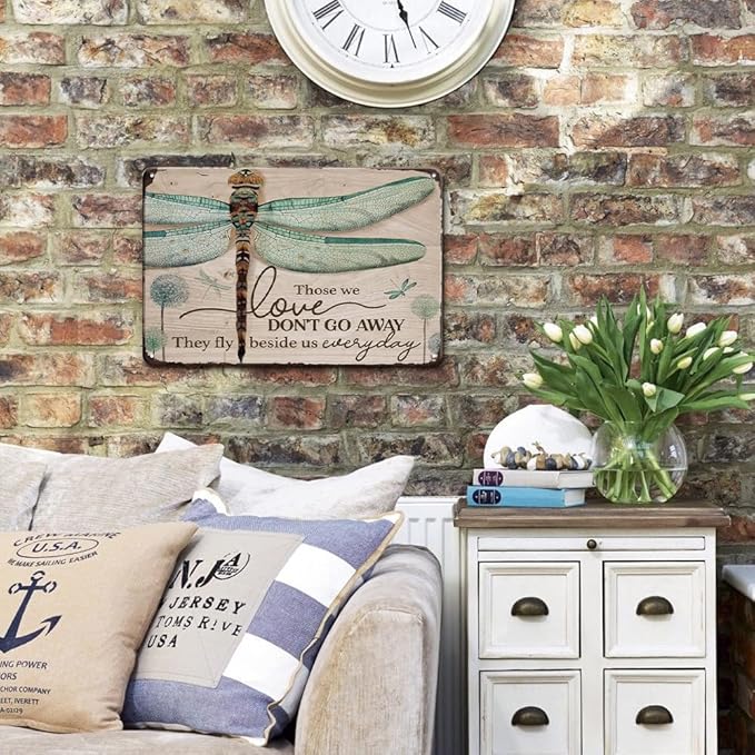 YOYI ART Metal Dandelion Dragonfly Wall Decor Sign - Those We Love Don't Go Away, Vintage Tin Signs for Home, Bedroom, Kithcen, Garden, Patio and Yard Wall Art Accessories, Gift for Women, 12 x 8 inch