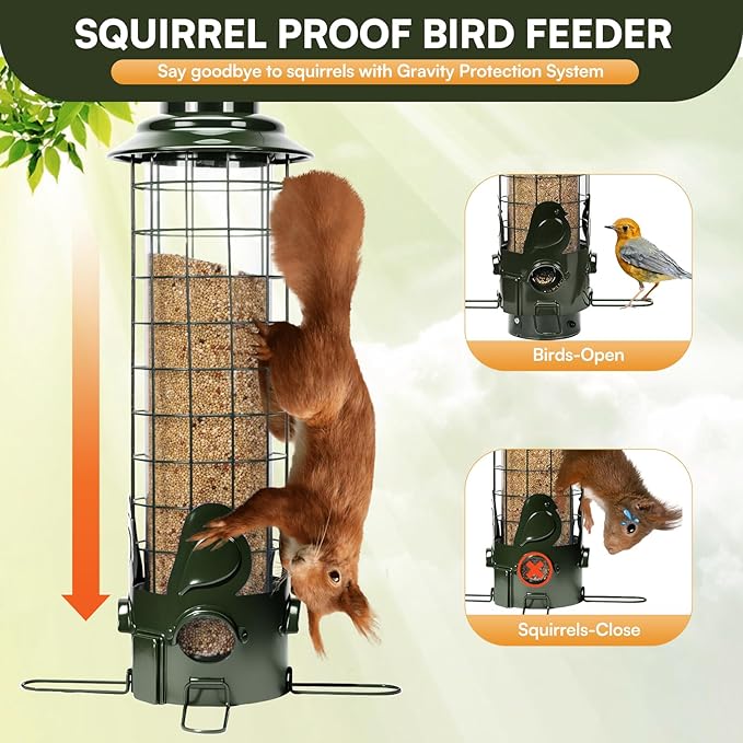 Squirrel Proof Bird Feeder for Outside Hanging, Weight Activated 3LB Large Capacity Metal Wild Bird Feeders with Removable Base, Tube Birdfeeder for Cardinal, Finch- Green