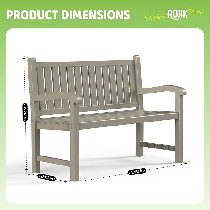 ROJIK Outdoor Bench Resin Patio Chairs Waterproof 2-Person Slatted Chairs with Sturdy Frame, Comfortable Seating for Garden Backyard Porch and Park(Brown)