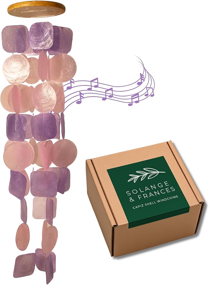 Solange & Frances Capiz Shell Wind Chimes for Outside - Elegant Outdoor Decor for Garden, Patio and Front Porch Decor. Unique Gifts for Mom, Gift for Women, Valentines Day Gifts (Purple & Pink)