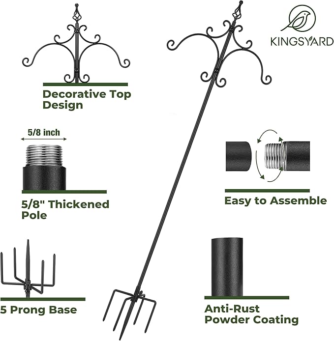 Kingsyard Double Shepherd Hooks for Outdoor - 108" Heavy Duty Decorative Bird Feeder Pole with 5-Prong Base, Adjustable Garden Pole for Hanging Bird Feeders Plants Solar Light Lantern, Black