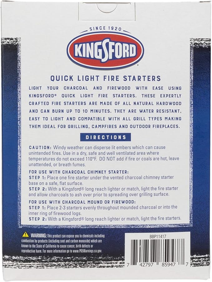 Kingsford Quick Light Fire Starter Rolls, All Natural Hardwood with Paraffin, Water Resistant and Easy Lighting for Charcoal, Pellet Grills, Smokers, Campfires, Outdoor Fireplaces, 16 Count