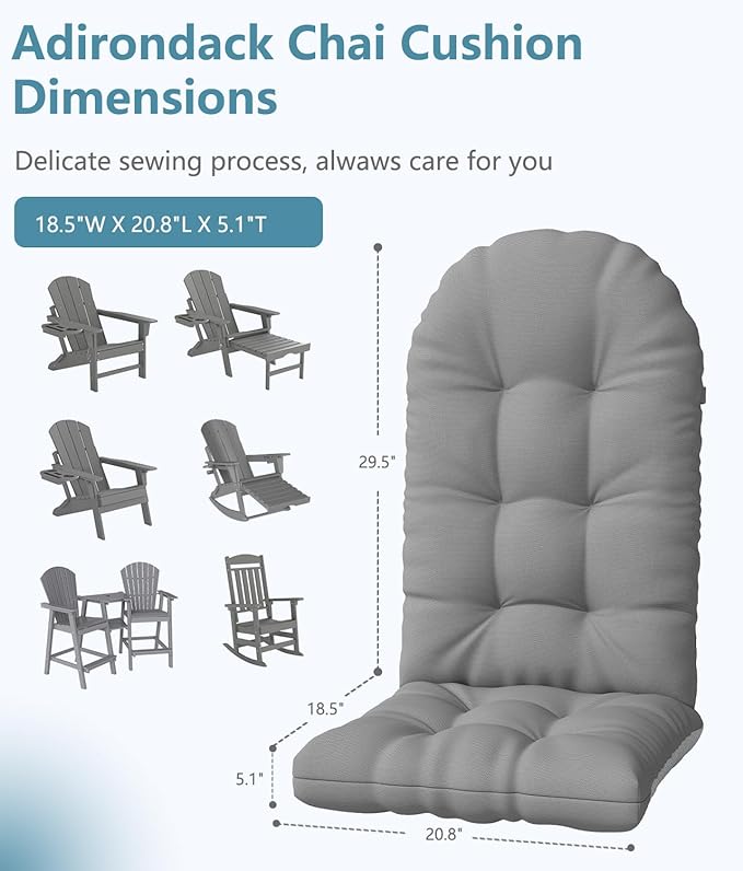 Adirondack Chair Cushion, Thickened High Back Patio Cushions with Ties and Non-Slip Bottom, Water-Resistant and UV-Protected Patio Chair Cushion for Indoor and Outdoor, Grey