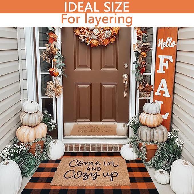 MUBIN Cotton Orange and Black Plaid Rug, 3 x 5 Ft Fall Outdoor Front Door Decorative Mat, Hand-Woven Rug for Layered Door Mats Washable Carpet for Porch, Entryway, Farmhouse, Autumn, Halloween