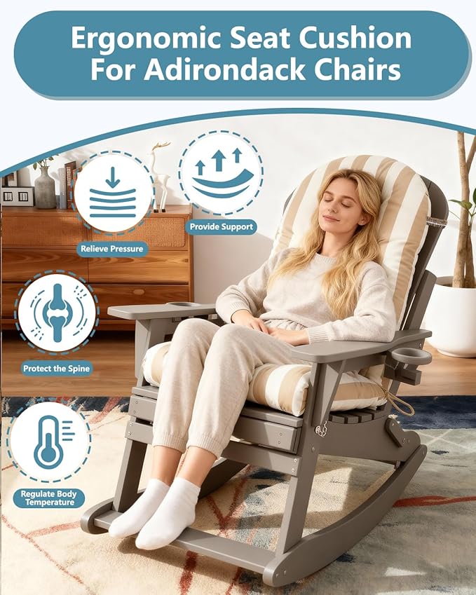 Adirondack Chair Cushion Set of 4, Thickened Patio Chair Cushions with Ties, Waterproof and UV-Protected Rocking Chair Cushion for Indoor and Outdoor, Stripe Khaki.