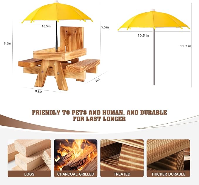 Gnodary Squirrel Feeder with Umbrella, Squirrel Feeders for Outside, Squirrel Picnic Table Feeder - Chipmunk Feeder Hold Corn, Corn Cob, Peanuts (Yellow)