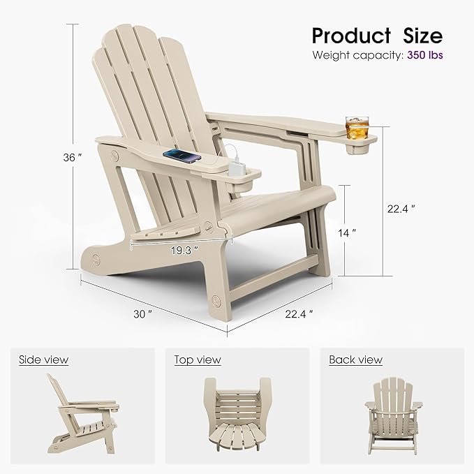 PURPLE LEAF Adirondack Chair Set of 4 HDPE All-Weather Outdoor Fire Pit Chair with 24.6" Oversized Seat Wood-Textured Patio Adirondack Chair with Dual Cup Holders for Garden Deck Backyard, Champagne