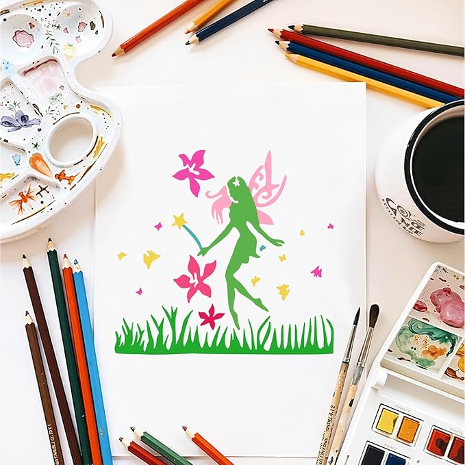 12 PCS Fairy Stencils Reusable Butterfly Moon Fairy Wildflower Templates for Painting on Wood Wall Glass Canvas Scrapbook DIY Craft Home Decor 4.7 x 4.7 Inch