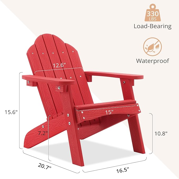 LUE BONA Kids Adirondack Chair Set of 4, Red Poly Lumber Plastic Weather Resistant Kids Outdoor Patio Lounge Chair for Balcony, Backyard