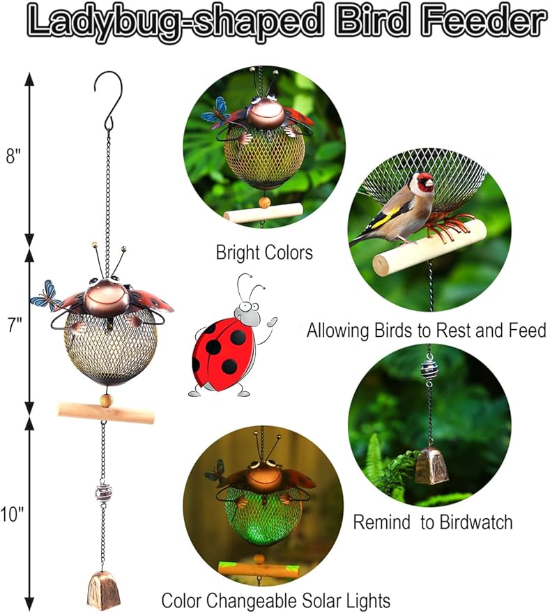 Solar Bird Feeder,Squirrel-Proof Bird Feeders for Outside, Cute Animal Shaped(Ladybug Shaped)