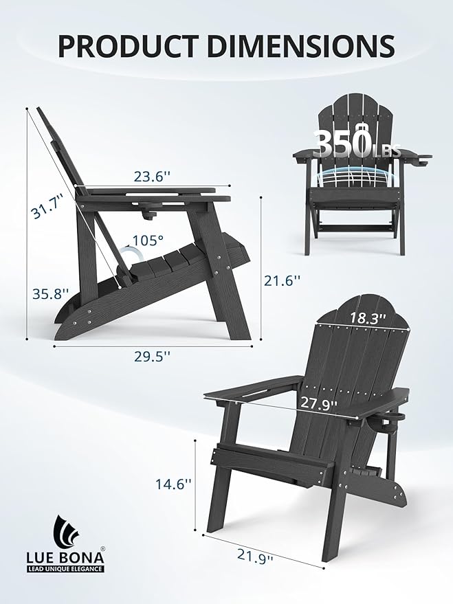 LUE BONA HDPE Adirondack Chairs Set of 2 - Weather Resistant Seating with Cup Holder for Porch, Patio, Deck & Fire Pit, Black