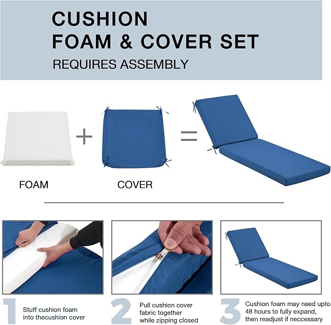 HOMREST 73.2x22.8x3.94 inches Lounge Chair Cushion Set of 2,Outdoor Chaise Lounge Cushion with Splash Fade Tear Resistant Fabric, Dark Blue