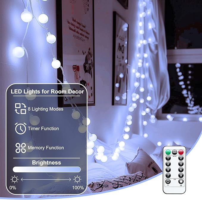 Minetom USB String Lights Indoor Bedroom, 2 Pack Totally 46FT 100 LED Globe Lights with Remote Plug-in, Xmas Twinkle Lights for Wedding Wall Classroom Dorm Canopy Ceiling Room Decor, Pure White