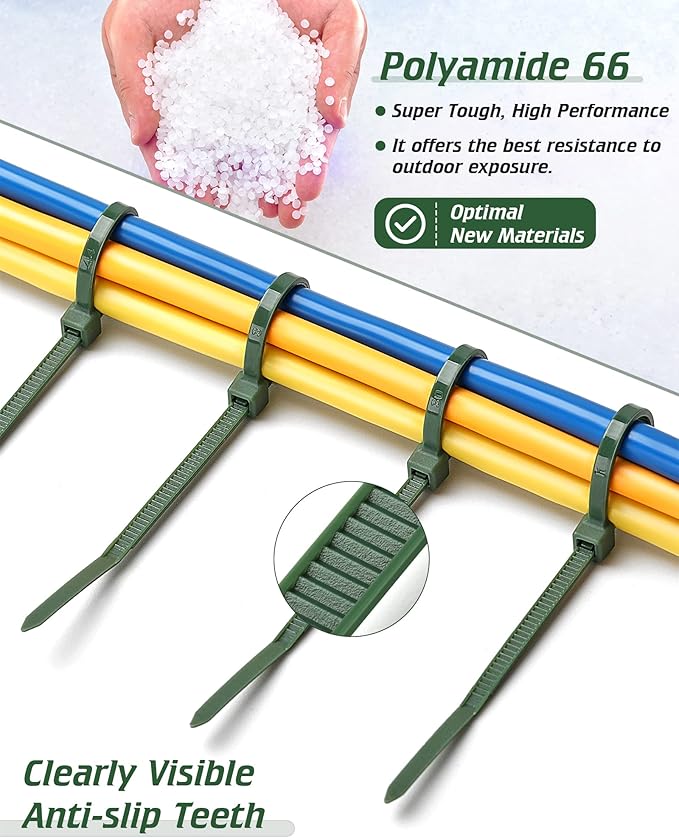 PA66 Green Zip Ties, 200pcs 12+10+8+4 Inch with 22-55lb Strength, Premium Heavy Duty Self-locking Nylon Cable Ties, Decoration Tie Wraps for Christmas Tree Holiday Lights Gardening Plants Grid Wall