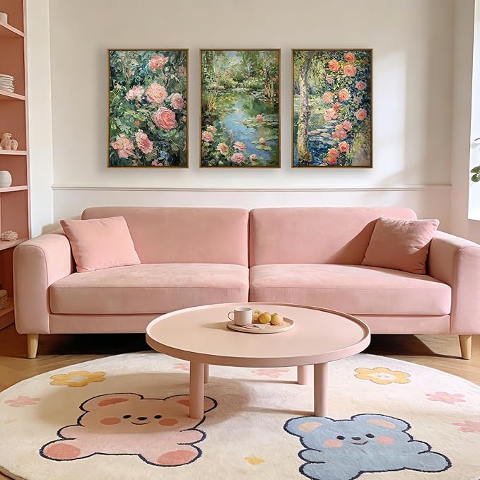 QTUSYUR Watercolor Rose Flower Wall Art - Large Farmed Country Garden Pond Art Print - Plant with Floral Canvas Artwork for Farmhouse Living Room- Vintage Abstract Painting for Home Decor 16”×24”×3
