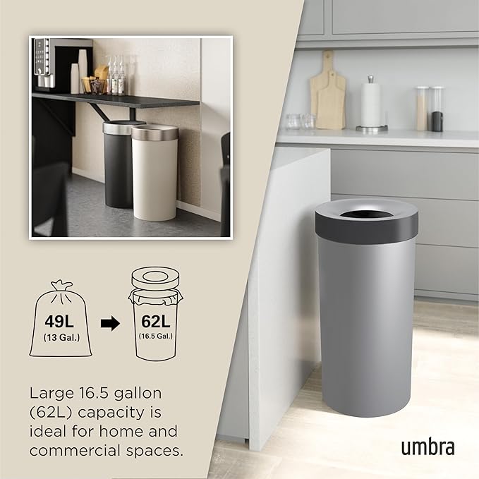 Umbra Vento Kitchen Trash Can with Open Top, Large 16-Gallon (62 L) Capacity, Grey