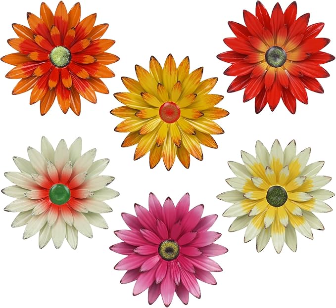 hogardeck Metal Flower Wall Decor - 6 PCS 6" Colorful Flower Decor for Indoor Outdoor, Sunflower Kitchen Decor Floral Metal Wall Art for Bathroom, Living Room, Porch, Garden, Yard