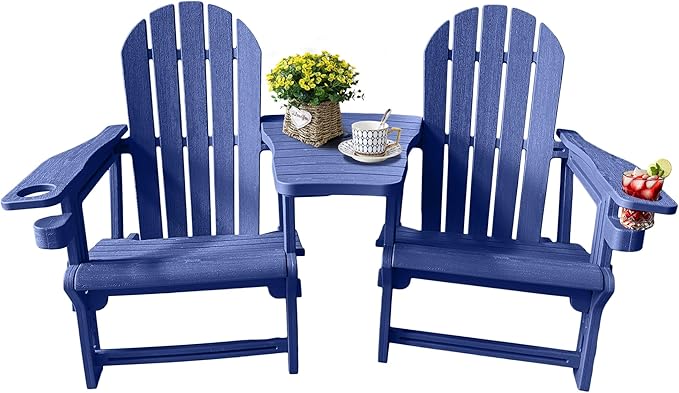 HDPE Adirondack Chairs for Outside, All-Weather Patio Chairs with Cup Holder, Outdoor Lawn Chair for Poolside/Fire Pit/Backyard/Deck, Blue Double Adirondack Chair with Table