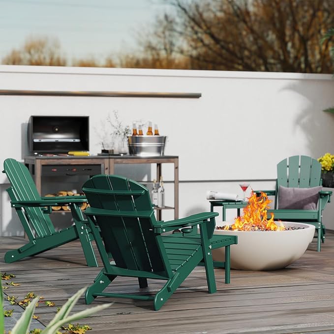 GREENVINES Adjustable Adirondack Chair with Retractable Ottoman Set of 4 | Folding | HDPE Plastic | Fire Pit Chairs w/Foot Rest | 2 Cup Holders | Forest | for Outdoor Patio Poolside Deck