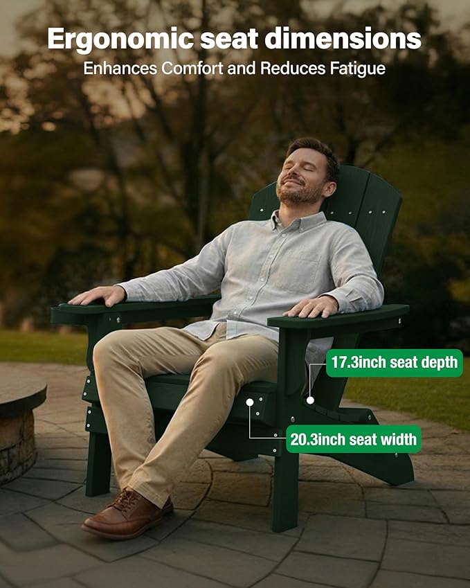 YEFU Adirondack Chair, Oversized Plastic Adirondack Chair Folding Outdoor Chairs with Cup Holder, Lawn Chair with Weather Resistant for Outside Deck Lawn Garden, Weight Capacity Up to 400 Lbs –Green